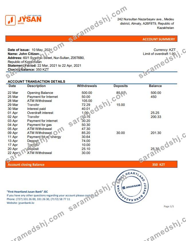 Kazakhstan First Heartland Jusan Bank statement